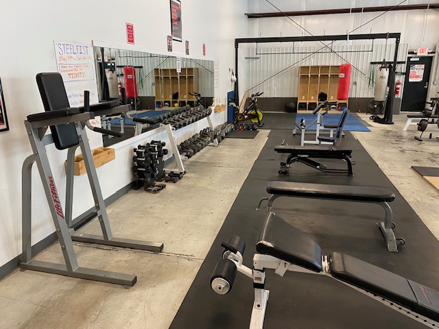 Dip station and dumbbell rack with preacher curl station and flat bench.