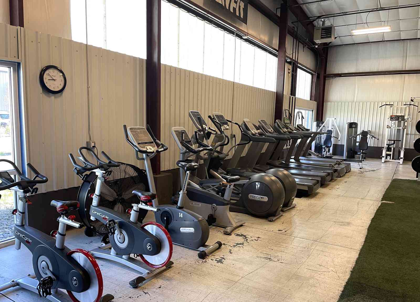 Spin bikes and treadmills row.